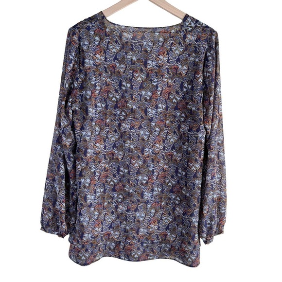 Cabi Tapestry Print Long Sleeve Sheer Blouse in Blue and Orange, Size Medium - Picture 9 of 12